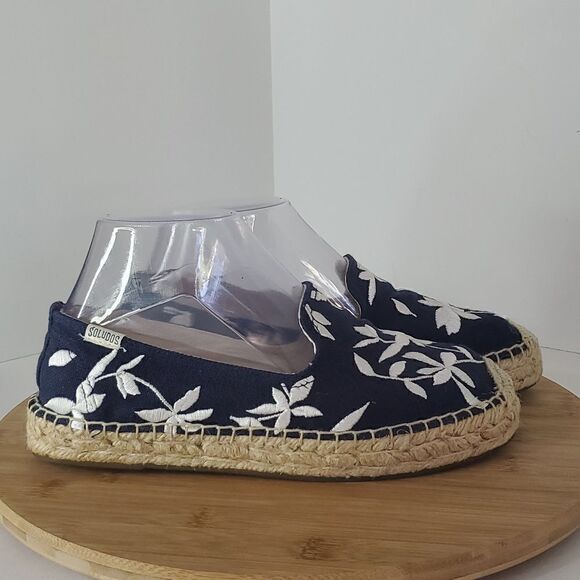 Soludos Shiloh Floral Embroidery Espadrille Flats Navy White Women's Size 7.5 - Picture 1 of 13